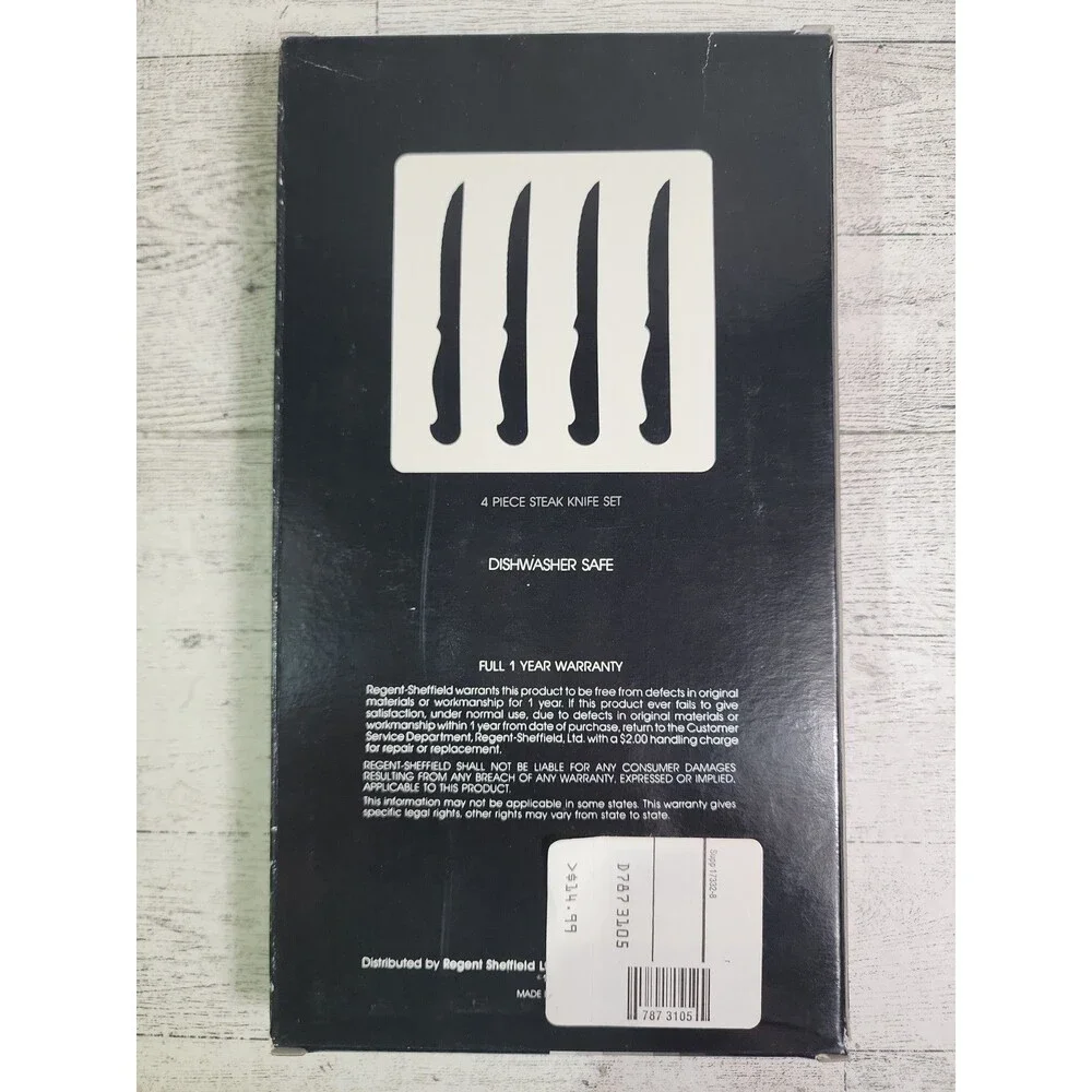 NEW 1987 Regent Sheffield Feeling Ebony 4 Piece Steak Knife Set Vintage